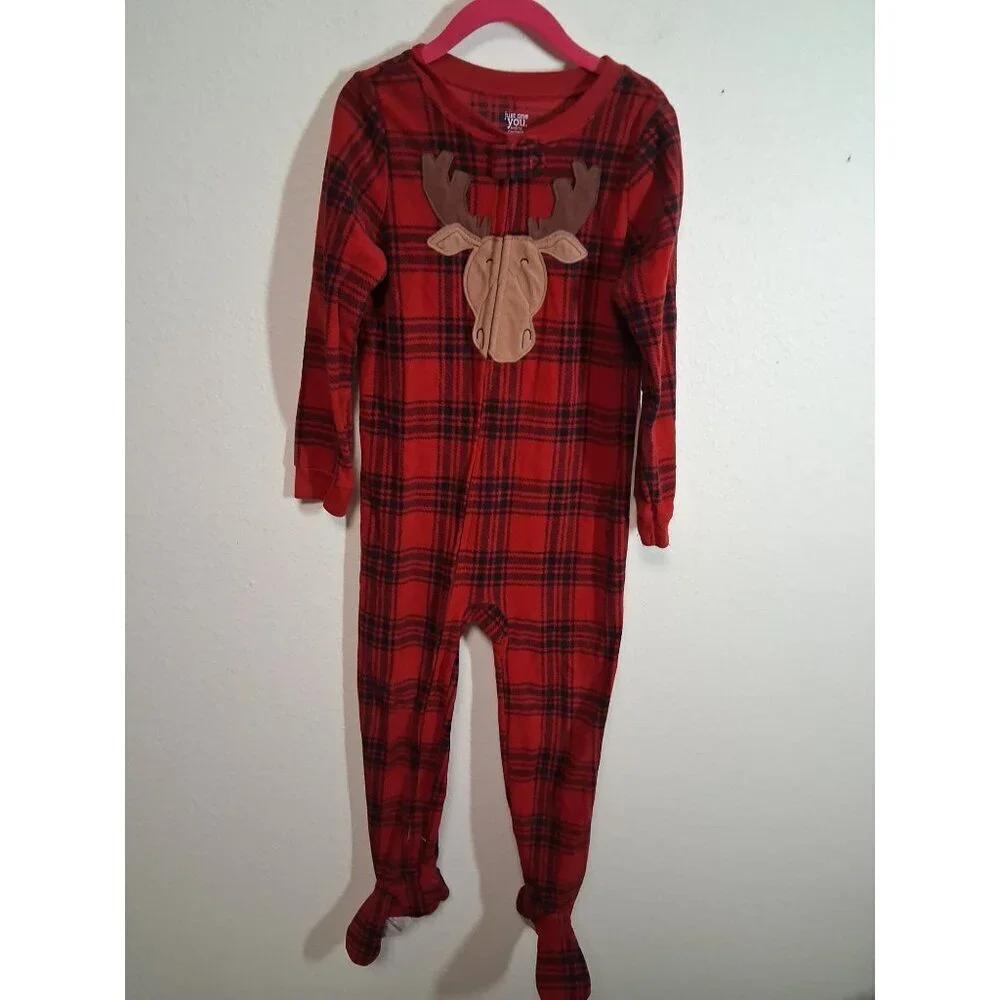 Carters Fleece Pajamas Footie Christmas Reindeer Plaid Sleepwear Unisex Red 5T